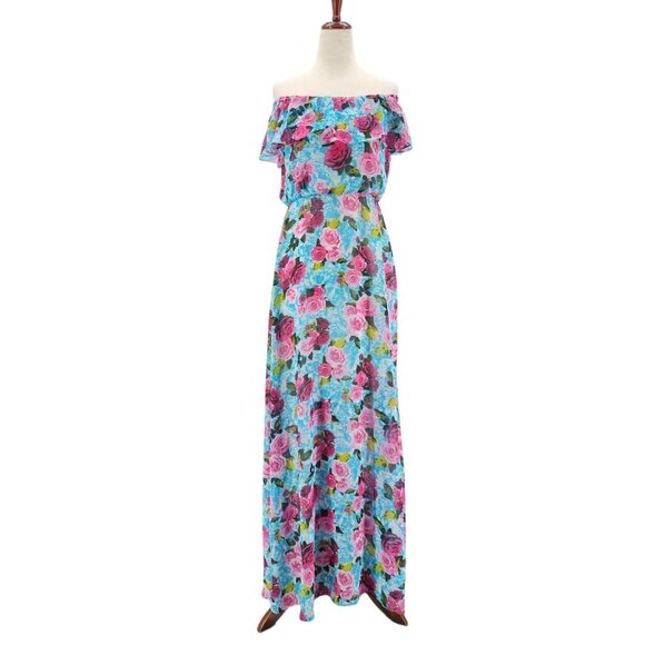 Betsey Johnson Womens 4 Dress Malibu Blue Floral Off The Shoulder Maxi Roses - Picture 9 of 9